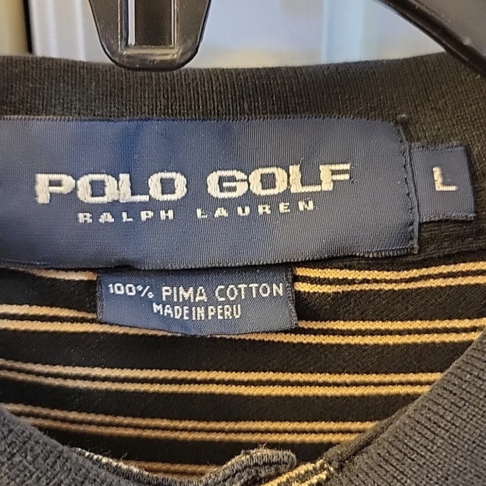 Ralph Lauren Polo Golf black tan striped shirt short slv 100% Pima Cotton L EUC…